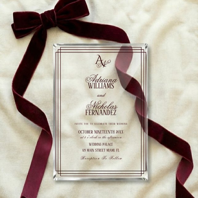 Invitaciones Acrílicas Boda de lujo con monograma de Borgoña (Subido por el creador)