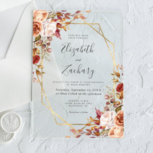 Invitaciones Acrílicas Boda de marco de oro floral de acuarela de otoño