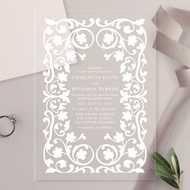 Invitaciones Acrílicas Boda de marco floral blanco ornato elegante (Subido por el creador)