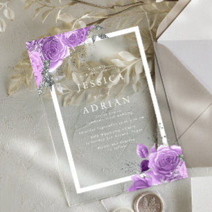 Invitaciones Acrílicas Boda de marco floral de lavanda púrpura y plata