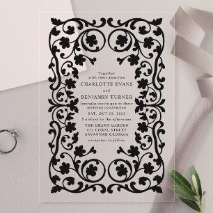 Invitaciones Acrílicas Boda de Marco Floral Ornado Elegante Negro 