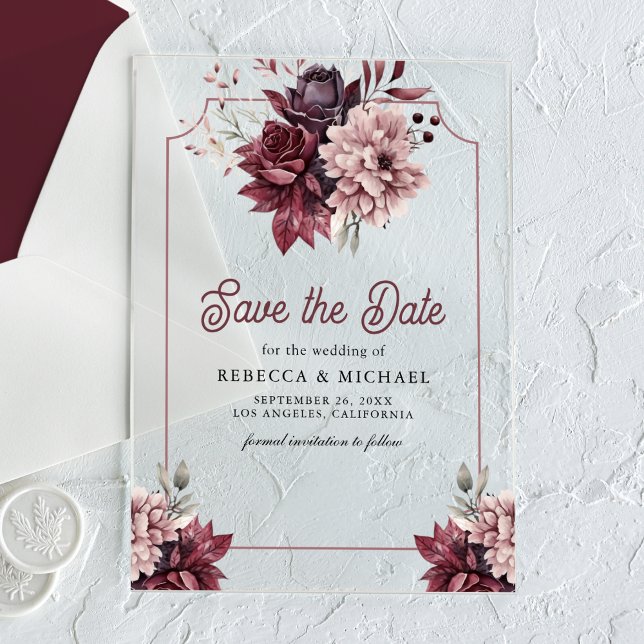 Invitaciones Acrílicas Boda de marco floral oscuro Moody Guardar la fecha (Subido por el creador)