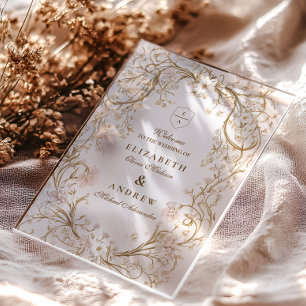 Invitaciones Acrílicas Boda de marco floral romántico de color dorado