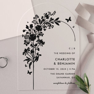 Invitaciones Acrílicas Boda de mariposa botánica negra moderna con arco