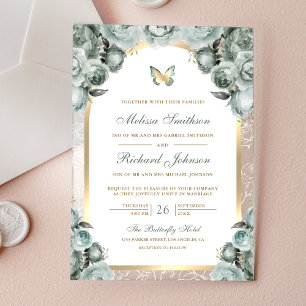 Invitaciones Acrílicas Boda de Mariposa de Arco Dorado Floral Verde Salvi
