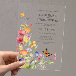 Invitaciones Acrílicas Boda de Mariposas de Flores Silvestres Coloridas E