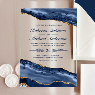 Invitaciones Acrílicas Boda de Mármol Ágata Azul Marinho y Dorado
