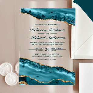 Invitaciones Acrílicas Boda de Mármol de Ágata Teal y Dorado