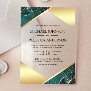 Invitaciones Acrílicas Boda de Mármol Turquesa Geométrico Dorado