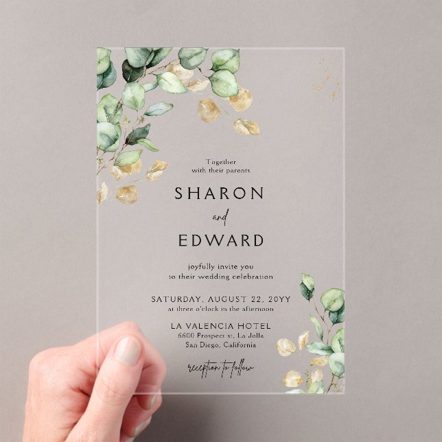 Invitaciones Acrílicas Boda de Moda de oro y vegetación de eucalipto botá (Insitu (portátil))