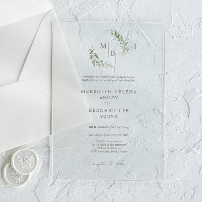 Invitaciones Acrílicas Boda de Monograma Botánico Formal Elegante (Subido por el creador)