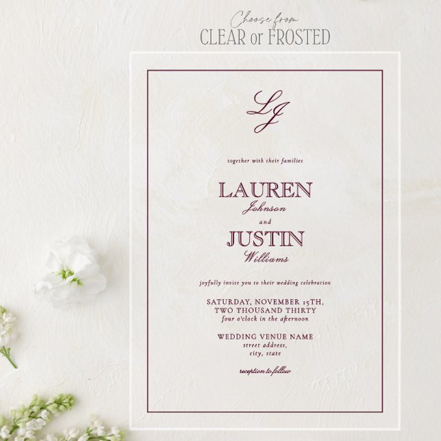 Invitaciones Acrílicas Boda de monograma clásico de caligrafía borgoña (Subido por el creador)