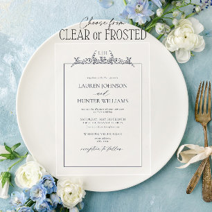 Invitaciones Acrílicas Boda de Monograma con Borde Floral Azul Marino