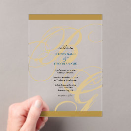 Invitaciones Acrílicas Boda de Monograma con guión elegante azul dorado