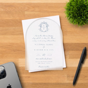 Invitaciones Acrílicas Boda de Monograma de Cresta Azul Polvoriento