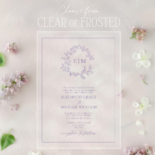 Invitaciones Acrílicas Boda de monograma de cresta de hoja de lavanda for