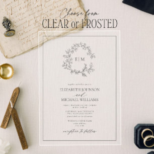 Invitaciones Acrílicas Boda de Monograma de Cresta de Hoja Gris Moderna