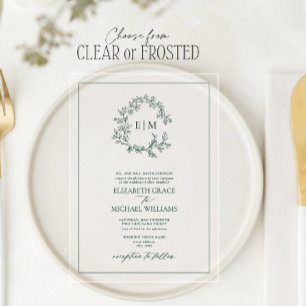 Invitaciones Acrílicas Boda de monograma de cresta de hoja verde esmerald
