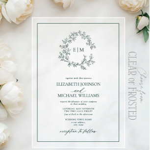 Invitaciones Acrílicas Boda de Monograma de Cresta de Hoja Verde Esmerald