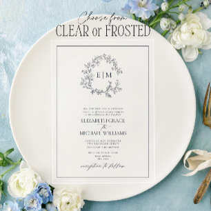 Invitaciones Acrílicas Boda de monograma de cresta frondosa azul marino f