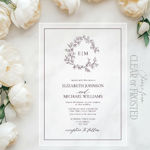 Invitaciones Acrílicas Boda de Monograma de Cresta Frondosa Púrpura de Ci