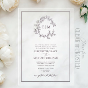 Invitaciones Acrílicas Boda de Monograma de Cresta Plumosa Púrpura Formal