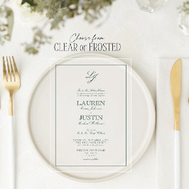 Invitaciones Acrílicas Boda de monograma de escritura verde esmeralda clá