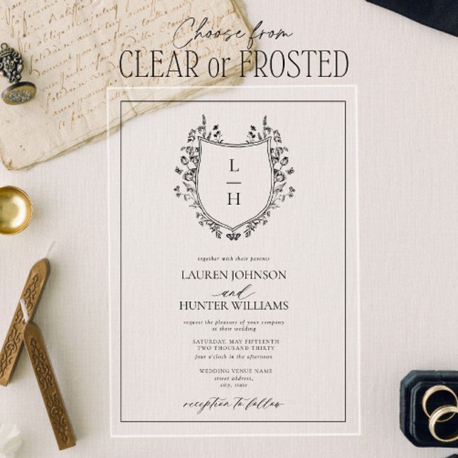 Invitaciones Acrílicas Boda de monograma de flor silvestre negra clásico (Subido por el creador)