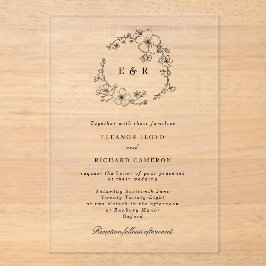 Invitaciones Acrílicas Boda de Monograma de la guirnalda floral negra bot