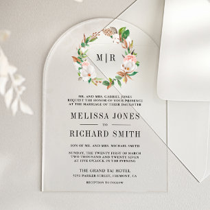 Invitaciones Acrílicas Boda de monograma de magnolia floral rosa  