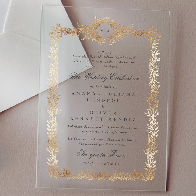 Invitaciones Acrílicas boda de monograma de marco botánico dorado elegant (Subido por el creador)