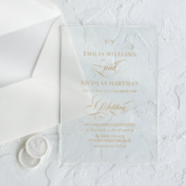 Invitaciones Acrílicas Boda de Monograma Dorado Caligrafía Elegante