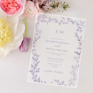 Invitaciones Acrílicas Boda de monograma elegante de hoja de lavanda mini