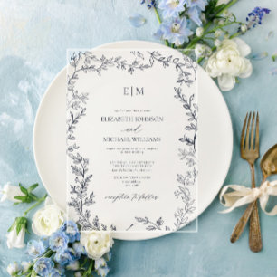 Invitaciones Acrílicas Boda de Monograma Elegante de Hoja Mínima Azul Mar