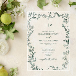 Invitaciones Acrílicas Boda de Monograma Elegante Hoja Verde Esmeralda