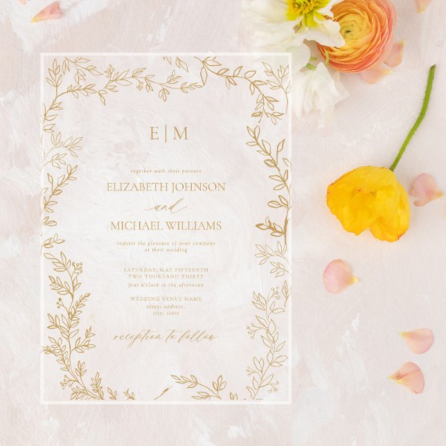 Invitaciones Acrílicas Boda de Monograma Elegante Mínimo Leaf Gold (Subido por el creador)