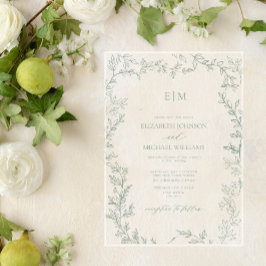 Invitaciones Acrílicas Boda de monograma elegante verde de hoja mínima