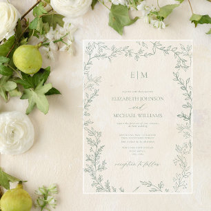 Invitaciones Acrílicas Boda de Monograma Elegante Verde Salvia con Hoja M