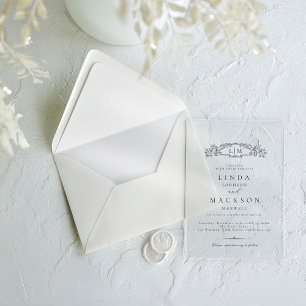 Invitaciones Acrílicas Boda de monograma escudo botánico elegante y de Mo
