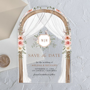 Invitaciones Acrílicas Boda de Monograma Floral de Madera con baldaquino 