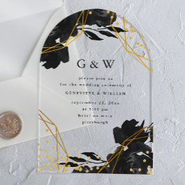 Invitaciones Acrílicas Boda de monograma floral geométrico negro moderno