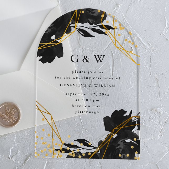 Invitaciones Acrílicas Boda de monograma floral geométrico negro moderno (Subido por el creador)