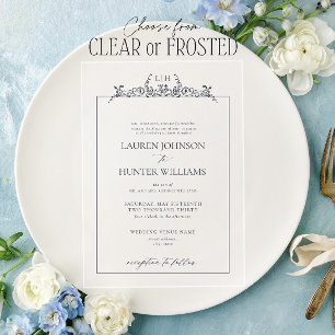 Invitaciones Acrílicas Boda de Monograma Formal con Borde Floral en Azul