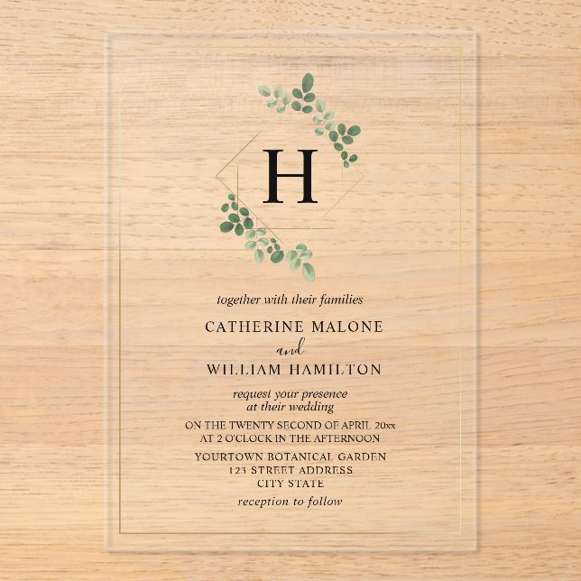 Invitaciones Acrílicas Boda de Monograma Geométrico Botánico Blanco (Anverso)
