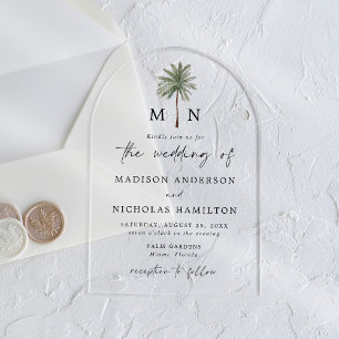 Invitaciones Acrílicas Boda de monograma mínimo del árbol de palmas