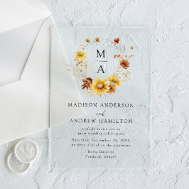 Invitaciones Acrílicas Boda de Monograma Rústico de girasoles y flores si
