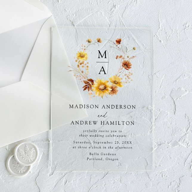 Invitaciones Acrílicas Boda de Monograma Rústico de girasoles y flores si (Subido por el creador)