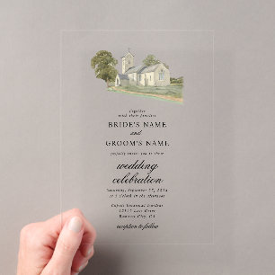 Invitaciones Acrílicas Boda de Monograma Tradicional de Iglesia en Acuare