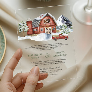 Invitaciones Acrílicas Boda de Navidad de invierno del granero rojo nevad