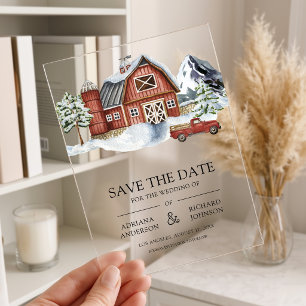 Invitaciones Acrílicas Boda de Navidad de invierno del granero rojo - Sav